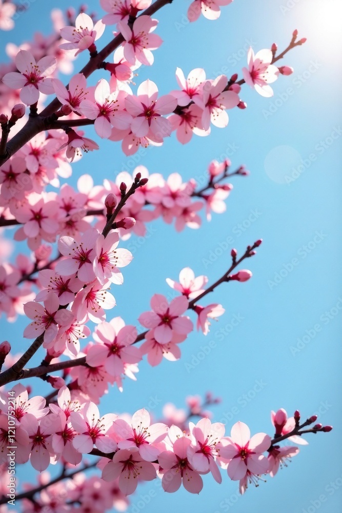 Blooming sakura tree branches against clear blue sky with sunlight filtering through, tree branches, sunlight, blooming trees Blooming sakura tree branches against clear blue sky with sunlight filtering through, tree branches, sunlight, blooming trees