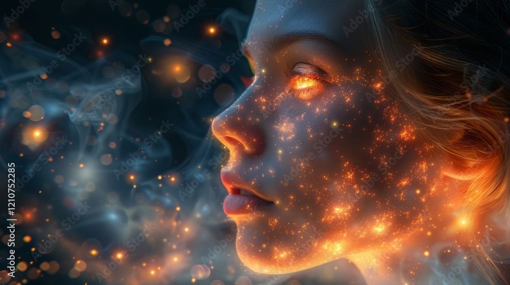 Girl gazing upwards with glowing particles around her. Mental health and creativity concept. Girl gazing upwards with glowing particles around her. Mental health and creativity concept.