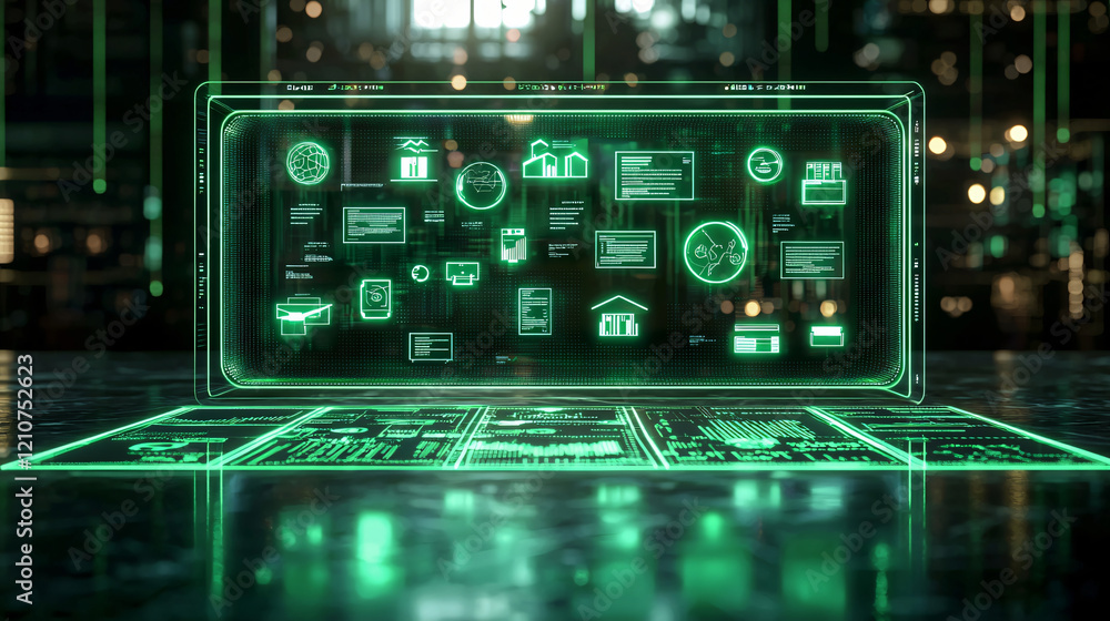 Fototapeta premium A minimalist holographic display in green, showcasing floating digital icons and data on a smooth, dark surface, with glowing lines and soft ambient lighting in the background.