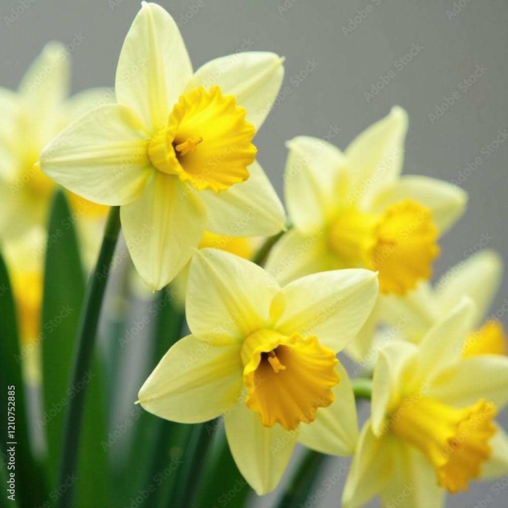 Fototapeta premium Delicate yellow narcissus flowers in soft focus on white background, spring flowers, nature, white background