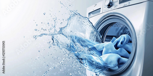 Water splashing from a washing machine with laundry inside