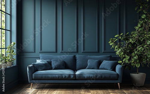 Dark teal room with sofa, plants, and wood floor.