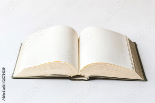 new opened book with blank pages and space for text on white isolated background photo