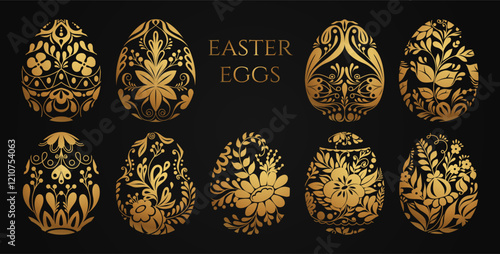 Easter egg silhouettes. Golden decorative eggs with traditional floral patterns. Happy easter painted eggs with flower decorations for hunting celebrations, spring holidays. Vector folk illustration.