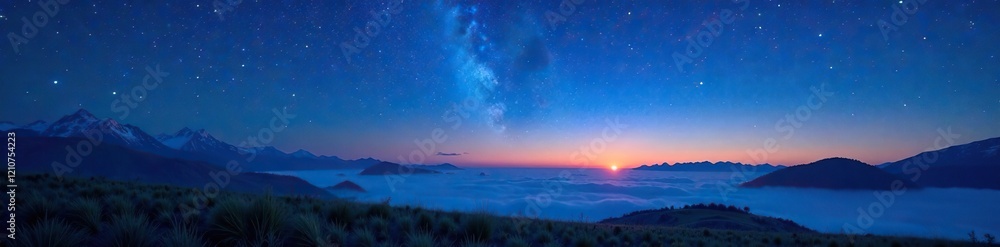 A serene landscape of a peaceful blue evening with scattered stars in the sky, galaxies, eveninng A serene landscape of a peaceful blue evening with scattered stars in the sky, galaxies, eveninng