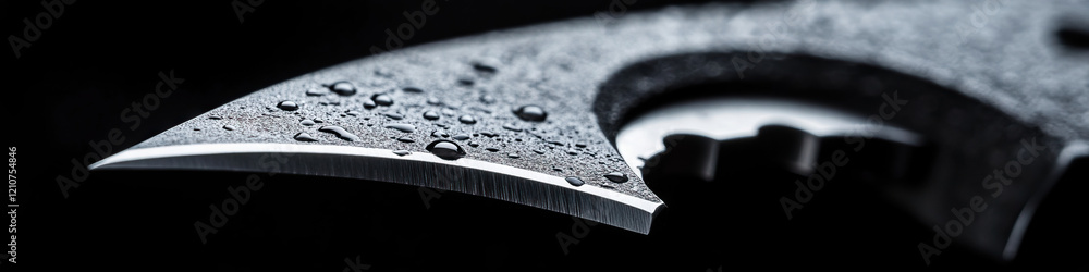 Close-up of Water Droplets on a Curved Metal Blade Close-up of Water Droplets on a Curved Metal Blade