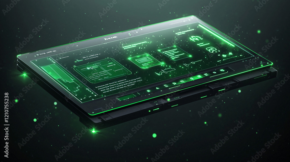 A close-up of a floating holographic interface in green, displaying simple data and icons in mid-air, with a dark, clean background and soft glowing edges.
