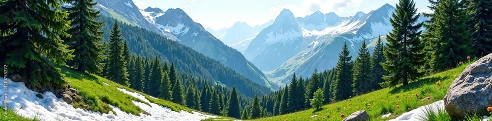 Obraz premium Peaceful alpine forest with tall trees and snow, green, tall trees, majestic
