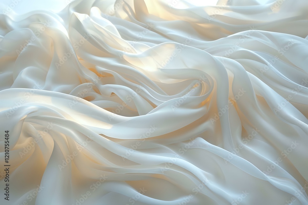 Obraz premium Elegant white silk fabric with soft waves and folds creating a luxurious textile background perfect for wedding, fashion, or luxury product advertising designs.