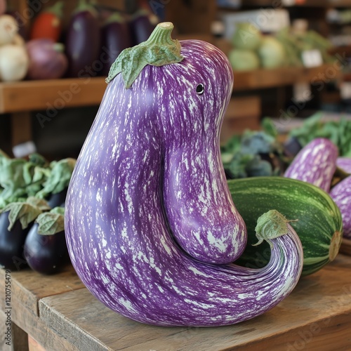 Purple and white graffiti eggplant grown into the shape of an elephant displayed on a wooden table at a farmer's market photo