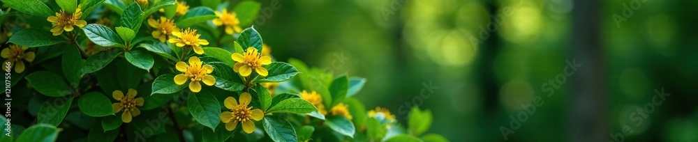 Obraz premium Evergreen shrub with glossy leaves and clusters of yellow flowers, trees, forest, foliage