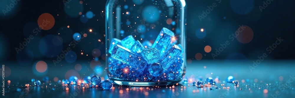 Blue crystal particles in a glass vial suspended in mid-air with a subtle effect, colorful, iridescent, suspended Blue crystal particles in a glass vial suspended in mid-air with a subtle effect, colorful, iridescent, suspended