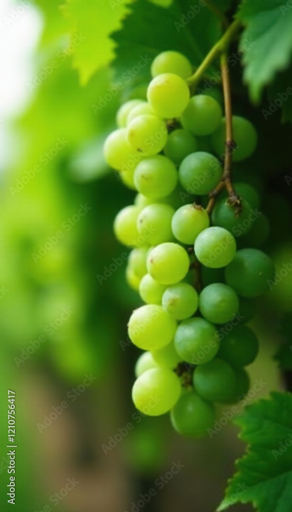 Green grapes hanging in clusters on a lush green vine, autumn leaves, plant, garden Green grapes hanging in clusters on a lush green vine, autumn leaves, plant, garden