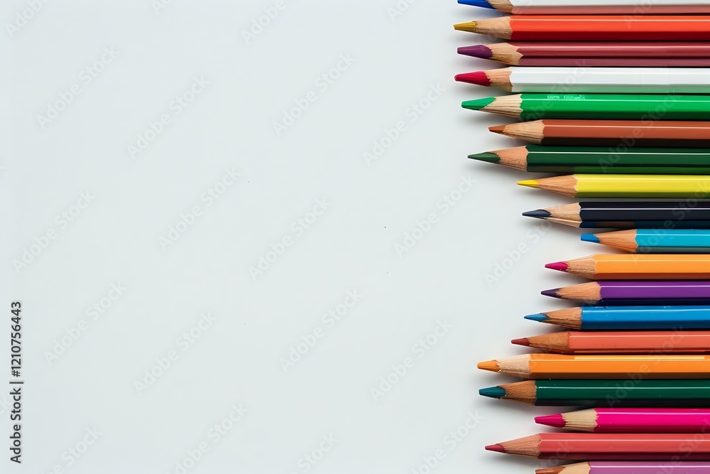 Colorful wooden pencils arranged in diagonal line on white background, perfect for education, creativity and back to school concepts, with copy space for text. Colorful wooden pencils arranged in diagonal line on white background, perfect for education, creativity and back to school concepts, with copy space for text.