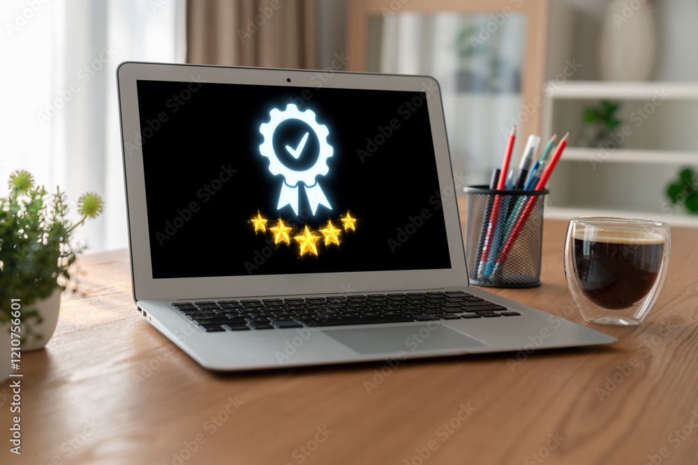 Fototapeta premium Online product certification, marking a key achievement. Demonstrates commitment to quality and trustworthiness by having product certification passed. brisk