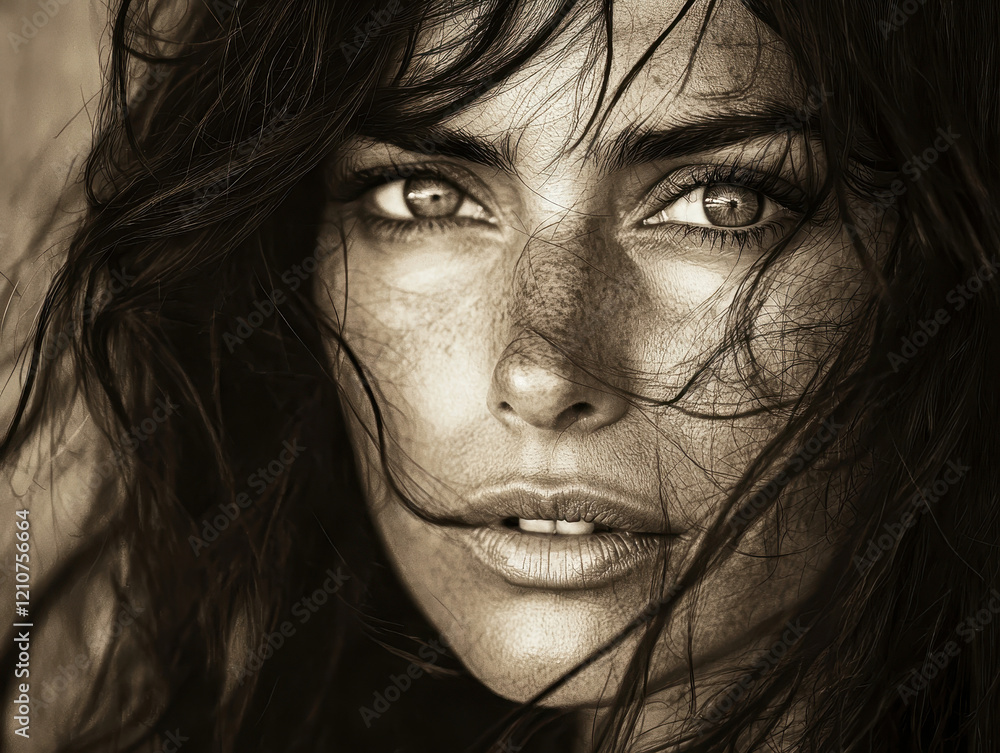 Monochrome portrait of a woman in her 30s with deep emotion and natural light highlighting her expressive features Monochrome portrait of a woman in her 30s with deep emotion and natural light highlighting her expressive features