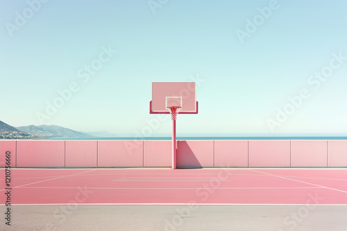 Pink basketball hoop is in the middle of a pink court