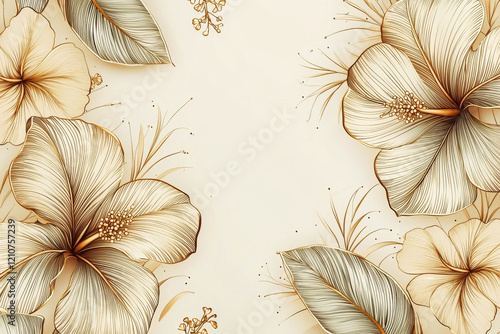 Tropical pattern featuring delicate gold line art of monstera leaves and hibiscus flowers on a beige background
