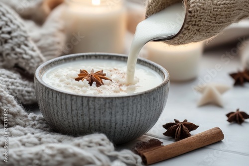 Pouring milk into a spiced bowl of dessert, wrapped in cozy textures and ambient warmth. photo