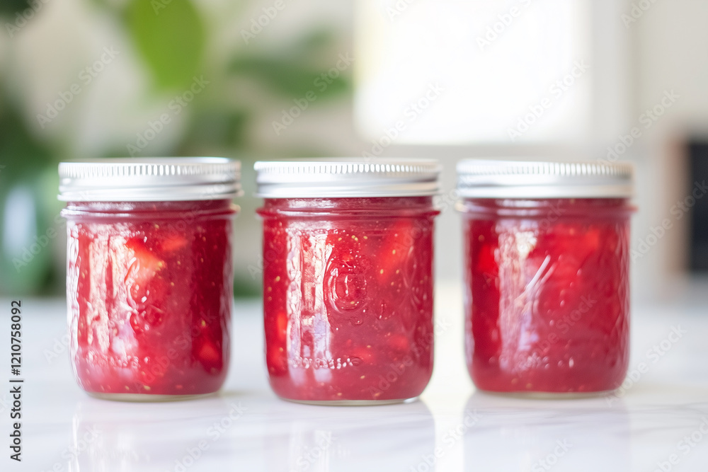 Four jars of red jam are lined up on a counter Four jars of red jam are lined up on a counter