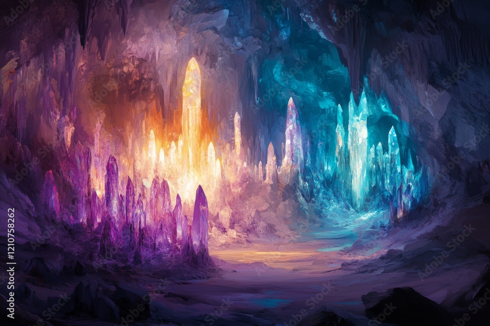 Fototapeta premium Enchanting crystal cave with vibrant multicolored stalactites