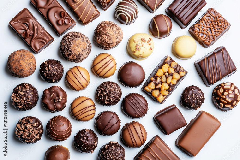 Delicious assortment of fine chocolates arranged in a perfect circle on a clean white background enhances their rich colors Delicious assortment of fine chocolates arranged in a perfect circle on a clean white background enhances their rich colors