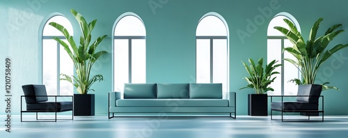 A 3D-rendered image depicting a serene aqua interior with matte black accents photo