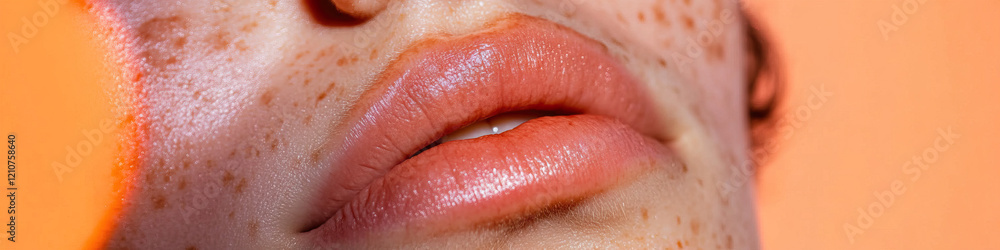 Close-up Photograph of Freckled Face and Lips with Peach-Toned Lip Color Close-up Photograph of Freckled Face and Lips with Peach-Toned Lip Color