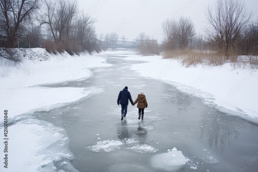 A couple walks hand in hand across a frozen river amidst a tranquil, snowy winter landscape, evoking romance and exploration. A couple walks hand in hand across a frozen river amidst a tranquil, snowy winter landscape, evoking romance and exploration.