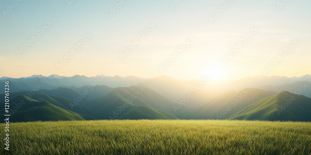 Fototapeta premium A captivating view of the sun rising over lush green hills, casting a golden glow across the landscape.