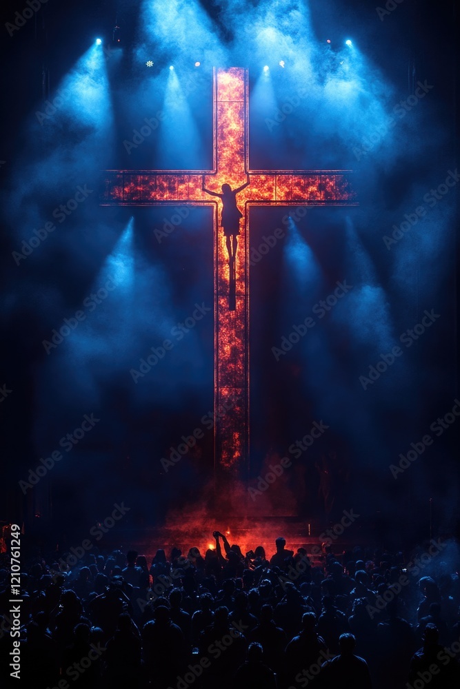 A crowd of people gathered around a large cross on a stage A crowd of people gathered around a large cross on a stage