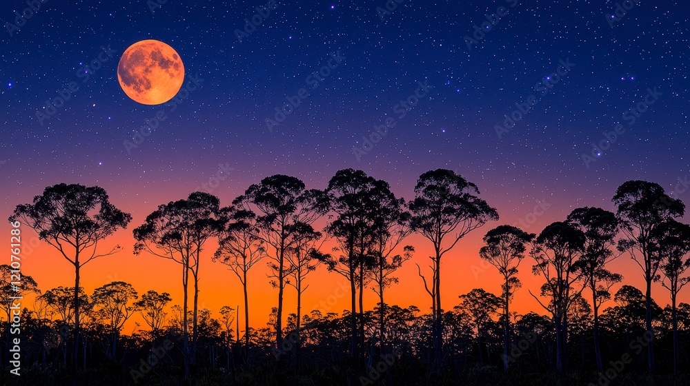 Full moon rising over a silhouetted forest at sunset. Full moon rising over a silhouetted forest at sunset.
