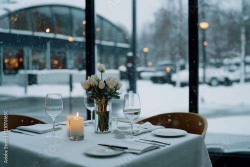 Intimate dining setting by a frost-kissed city window is set with elegant flatware, flowers, and a glowing candle, promising warmth indoors amid cold outdoors. photo