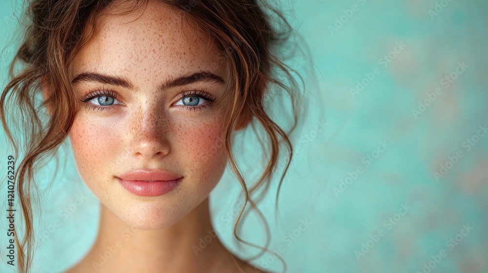 Young woman with freckled skin and wavy hair smiling against a soft turquoise background Young woman with freckled skin and wavy hair smiling against a soft turquoise background