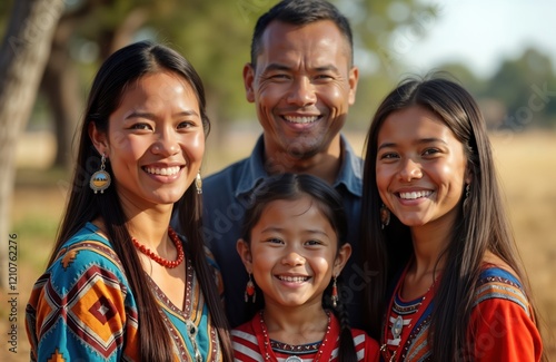 Happy Choctaw Nation family posing outdoors on native land. Family members smiling. Traditional clothing, jewelry. Sunny day. Proud Indigenous people. Celebratory portrait on Indigenous Peoples Day. photo