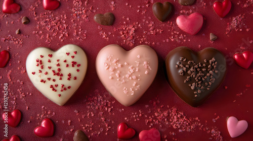 Variety of Heart Shaped Chocolate Candies with Assorted Decorations on Red Background : Generative AI