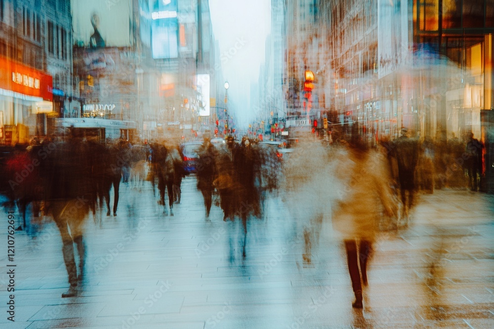 Naklejka premium A blurred city street captures the hustle and bustle, blending lights and movement into an abstract urban symphony.