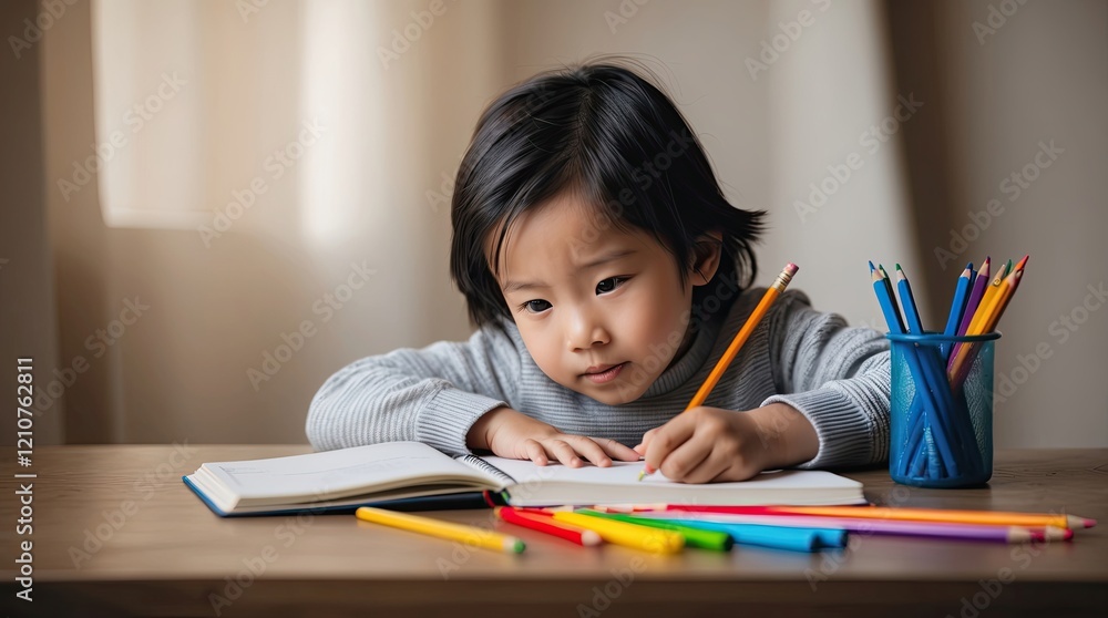 Child Writing with Colorful Pencils on Desk Child Writing with Colorful Pencils on Desk