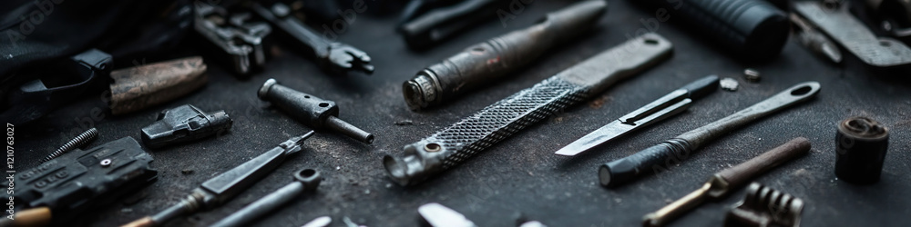 Assorted Metallic Tools and Firearm Components on Dark Surface Assorted Metallic Tools and Firearm Components on Dark Surface