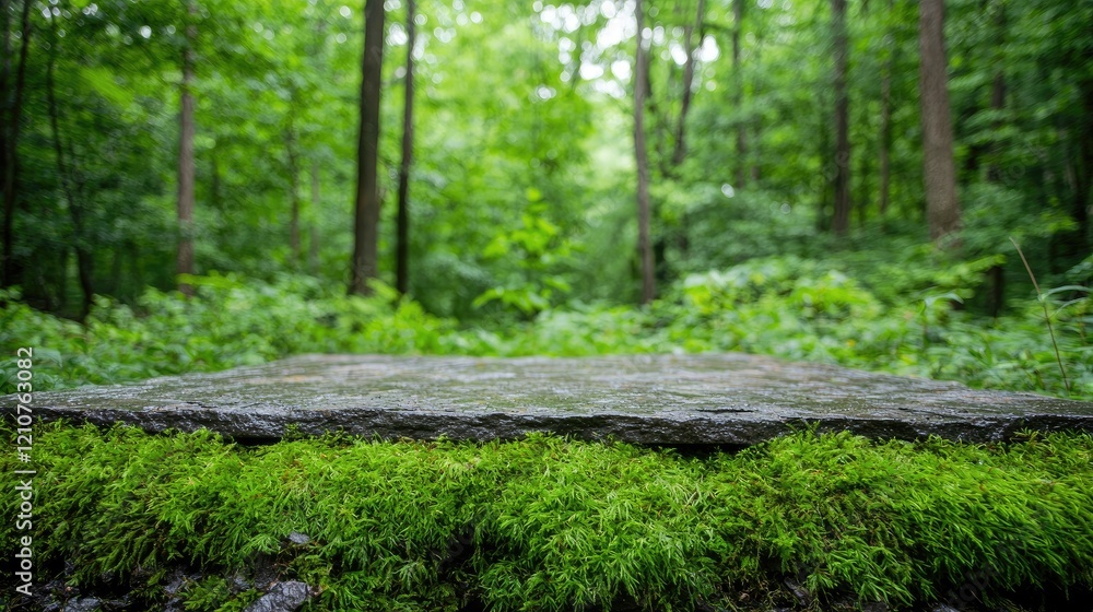 Stone platform in mossy forest, nature background, product display Stone platform in mossy forest, nature background, product display