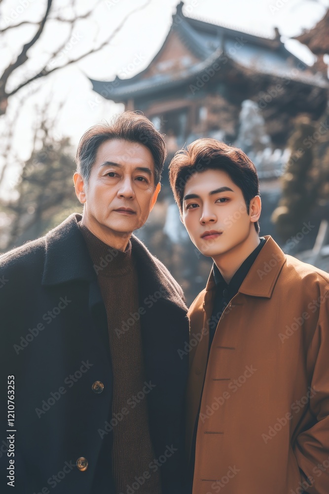 A father and son stand together outside, with a traditional architectural structure in the background, showcasing a peaceful moment. A father and son stand together outside, with a traditional architectural structure in the background, showcasing a peaceful moment.