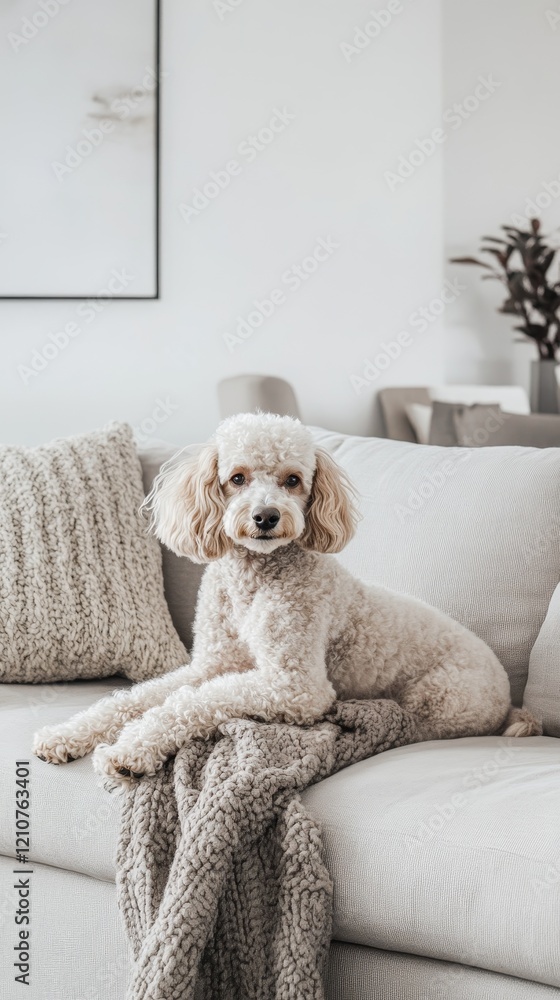 A cozy poodle rests on a stylish, light grey sofa with a textured blanket in a modern living room setting. A cozy poodle rests on a stylish, light grey sofa with a textured blanket in a modern living room setting.
