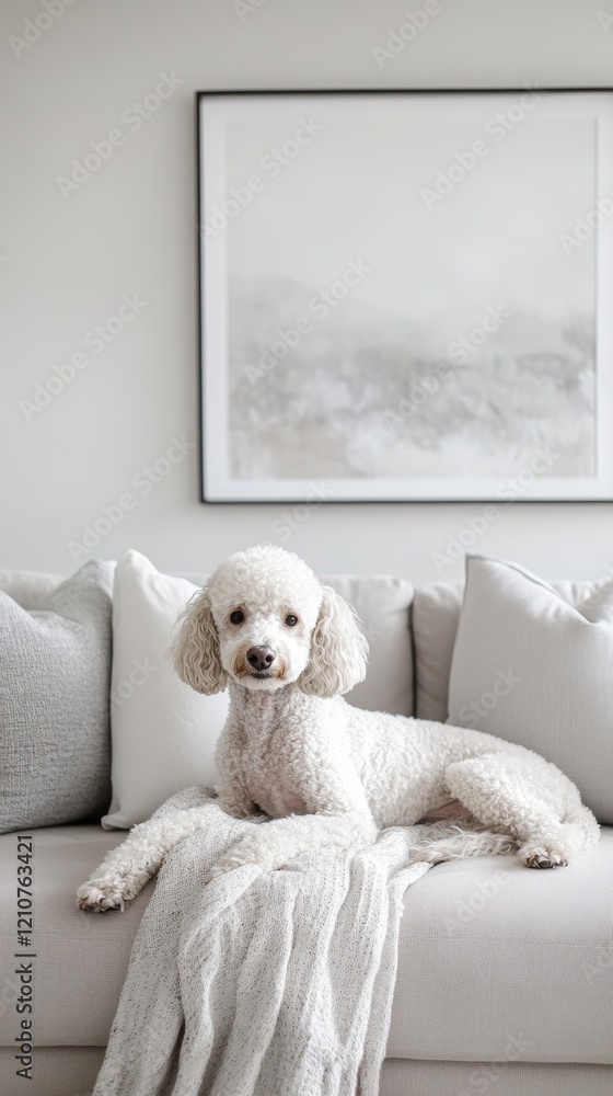 Adorable white poodle resting on a light gray sofa with cozy pillows and a soft throw in a minimalist living room. Adorable white poodle resting on a light gray sofa with cozy pillows and a soft throw in a minimalist living room.
