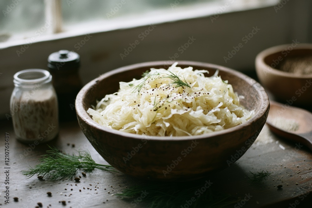 Fresh sauerkraut served in a wooden bowl, seasoned with dill, offers a rustic and tangy culinary experience. Fresh sauerkraut served in a wooden bowl, seasoned with dill, offers a rustic and tangy culinary experience.