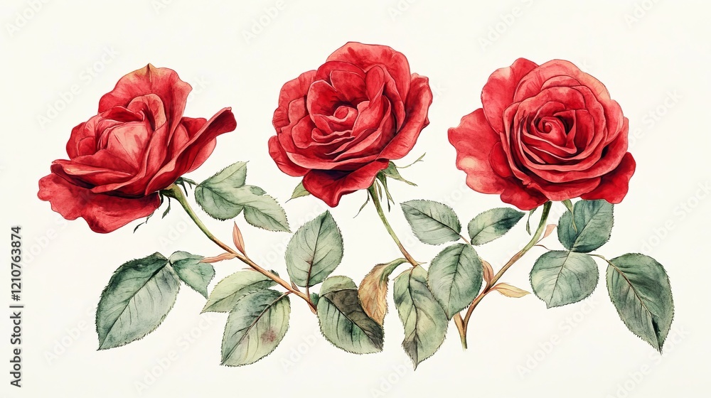 Fototapeta premium Three red roses with their leaves against a plain white background.