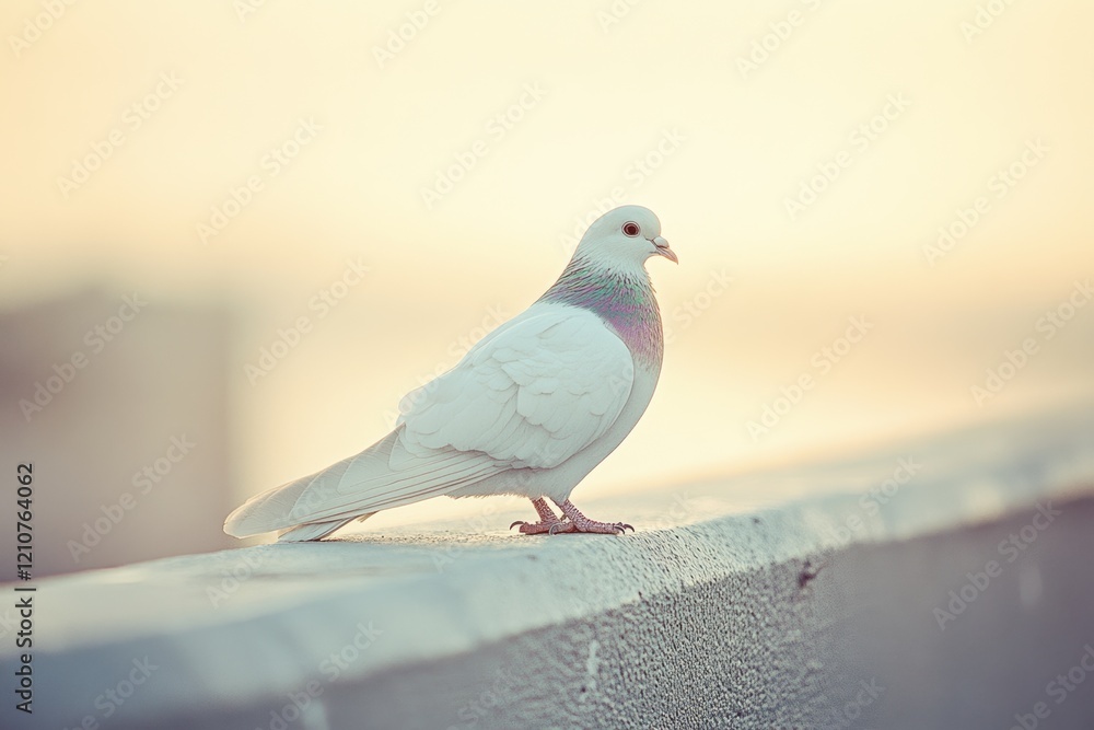A soft-lit pastel scene captures a serene pigeon perched on a ledge, framed against a warm, dreamy backdrop of a dusky sky. A soft-lit pastel scene captures a serene pigeon perched on a ledge, framed against a warm, dreamy backdrop of a dusky sky.