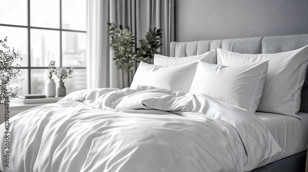 Soft White Bedding on a Modern Bed in a Stylish Bedroom With Large Windows and City Views During Daylight Soft White Bedding on a Modern Bed in a Stylish Bedroom With Large Windows and City Views During Daylight