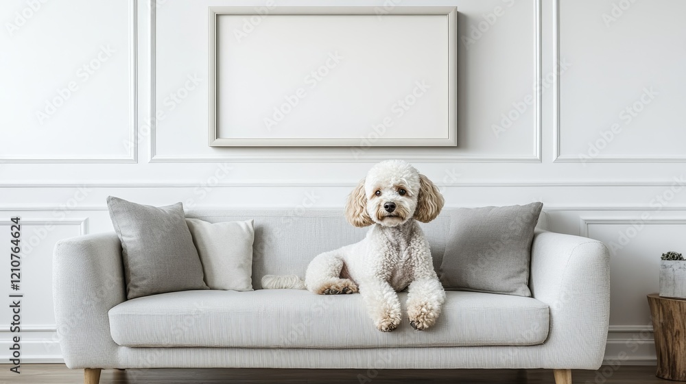 Adorable poodle sitting on a modern beige sofa in a minimalist living room with a blank framed artwork. Adorable poodle sitting on a modern beige sofa in a minimalist living room with a blank framed artwork.