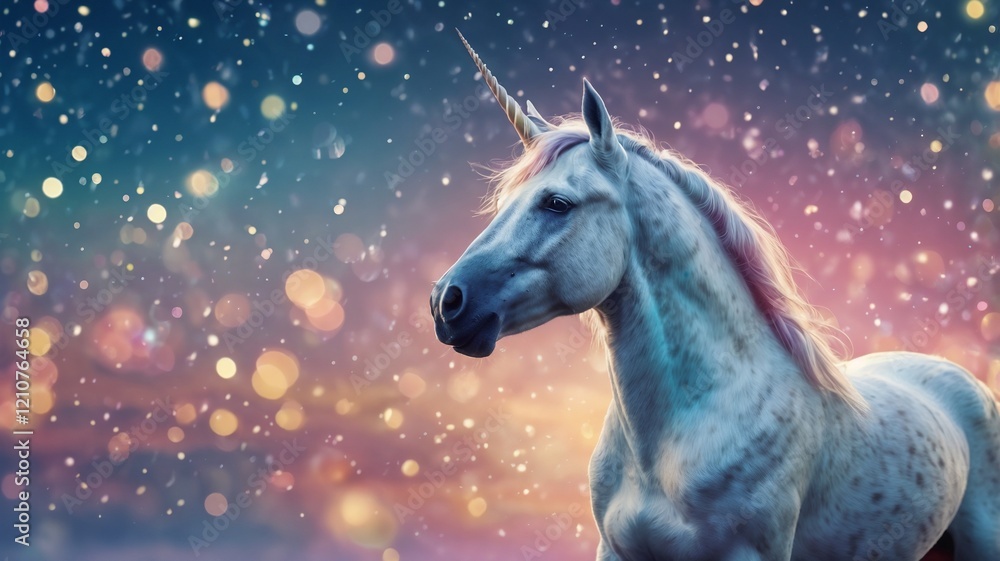 Fototapeta premium unicorn on blue blurred bokeh light background. Pastel watercolor sky with glitter stars and bokeh