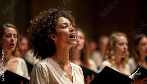 Woman vocalist performing moving solo in choir performance. Passionate singer in light beige clothes delivers emotional melody on stage. Cultural moment showing creativity, traditional music. Live